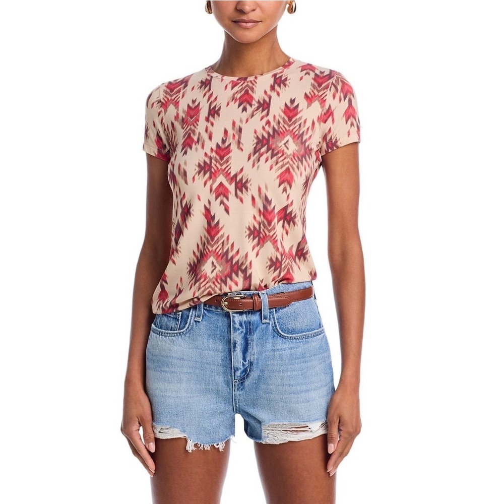 L'AGENCE Ressi Short Sleeve Crewneck Tee Tan Multi Ganado Print Size Medium‎
